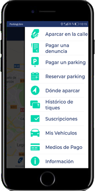 smartphone mostrando menú de app de ParkingLibre