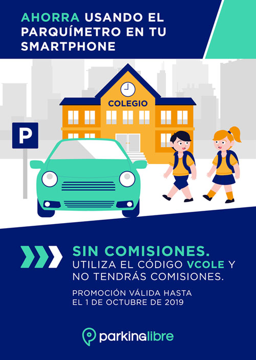 folleto informativo de coche verde junto a niños con un colegio de fondo