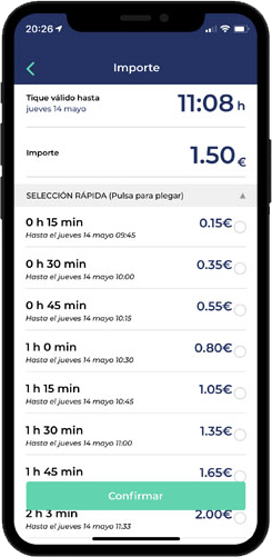 smartphone con selección de pago regulado directo en app de ParkingLibre